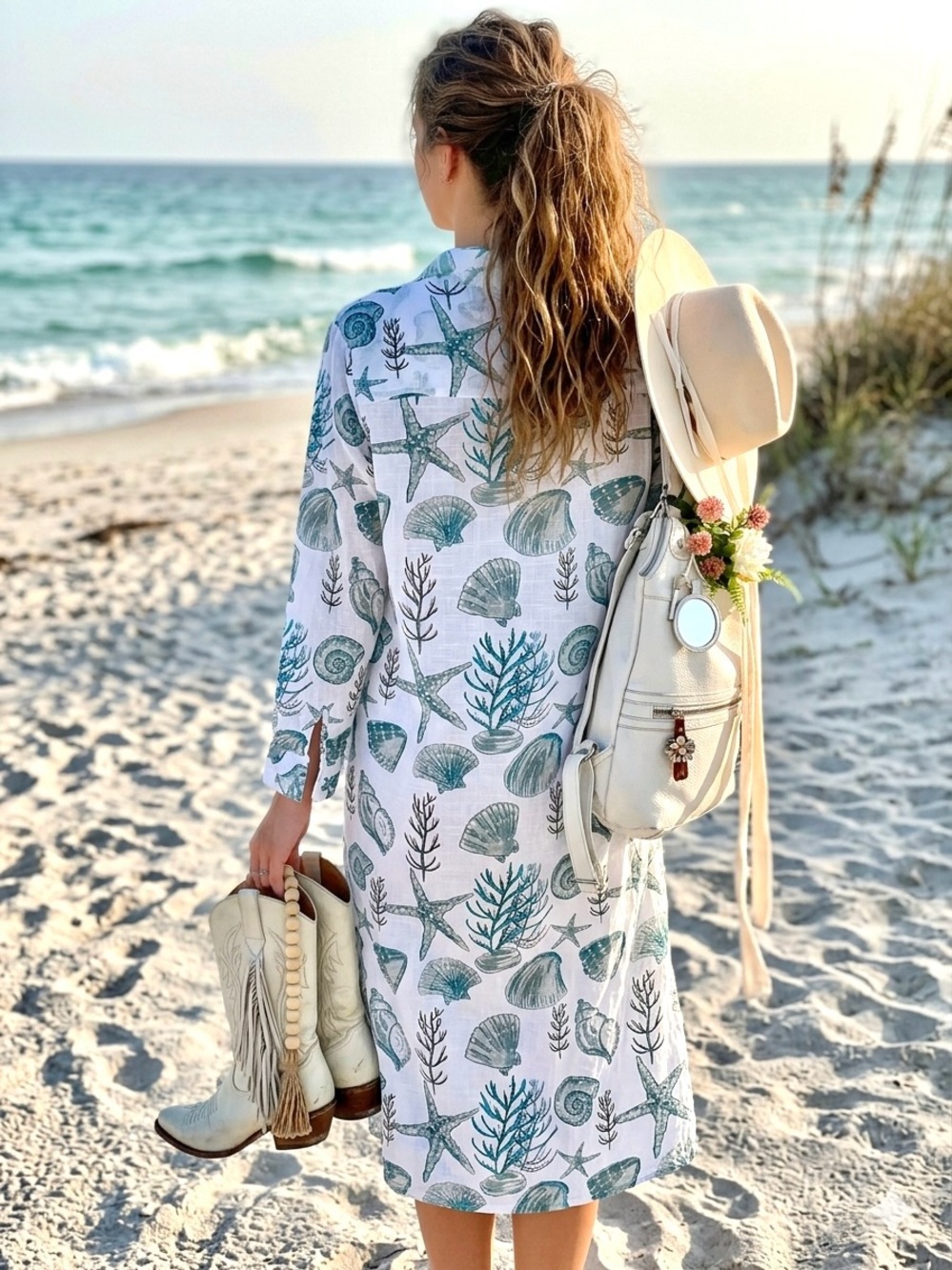 Beach shell boho duster beach cover up/dress w resort vacay cruise costal vibe